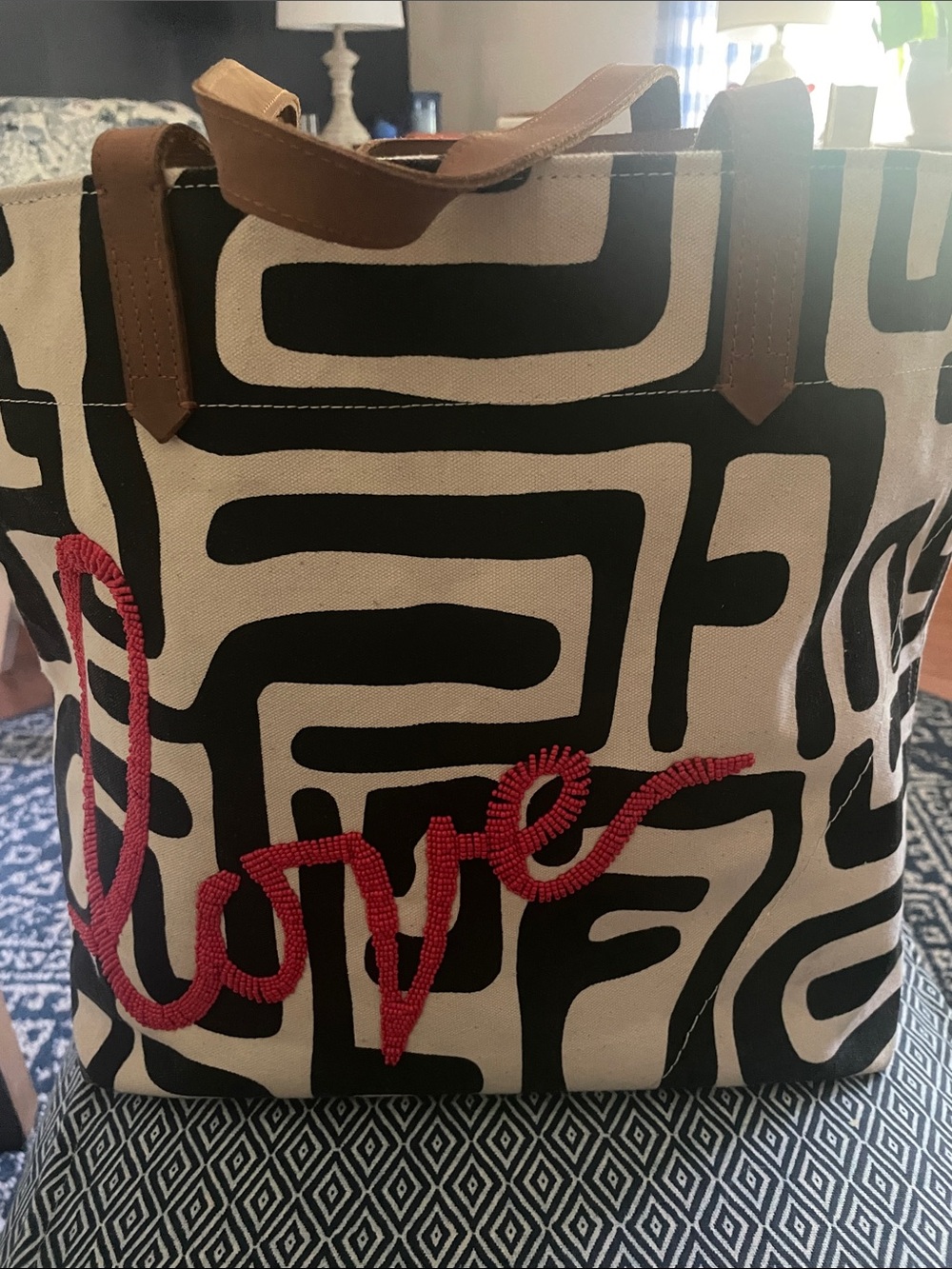 UBUNTU Canvas Tote with Black Abstract Print and Red Beaded 'Love' Accent